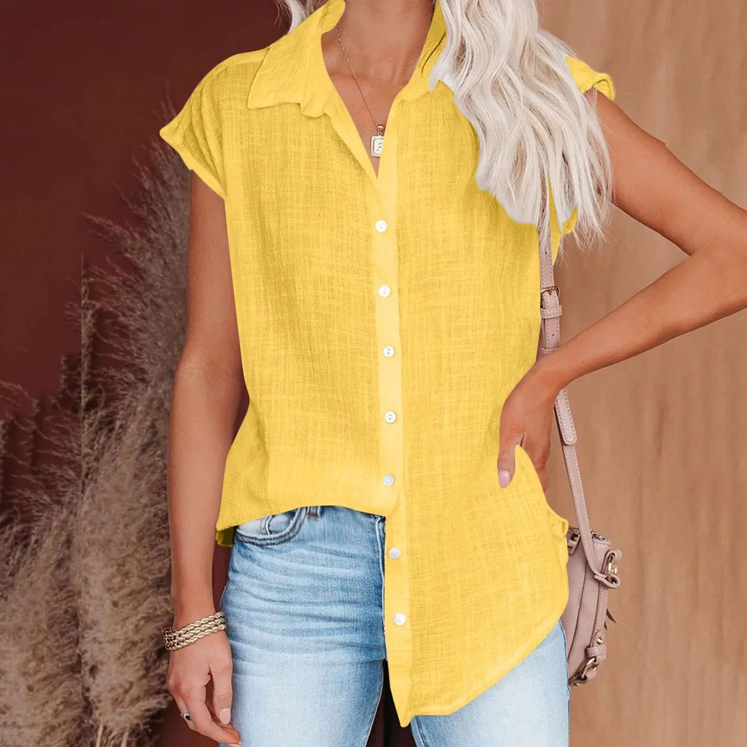 2024 Button Down Shirts for Women Lapel V Neck Dressy Linen Tops Summer Rollup Cap Sleeve Blouses Plus Size Tee Shirt
