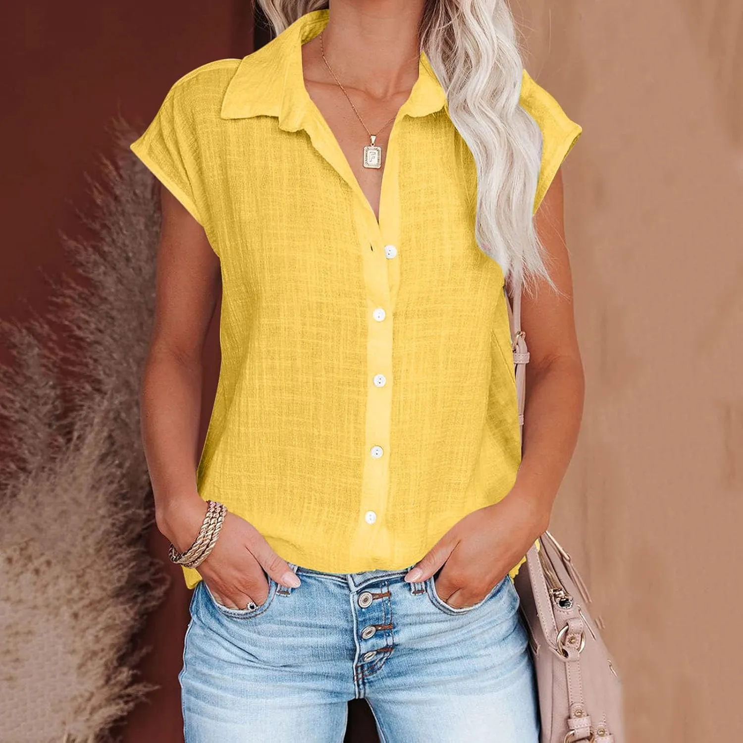 2024 Button Down Shirts for Women Lapel V Neck Dressy Linen Tops Summer Rollup Cap Sleeve Blouses Plus Size Tee Shirt