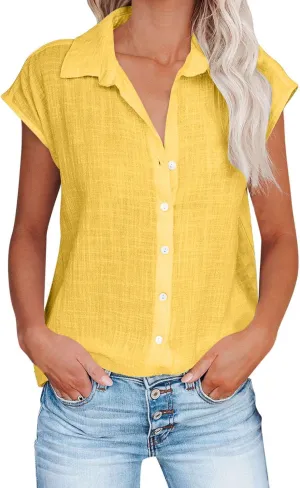 2024 Button Down Shirts for Women Lapel V Neck Dressy Linen Tops Summer Rollup Cap Sleeve Blouses Plus Size Tee Shirt