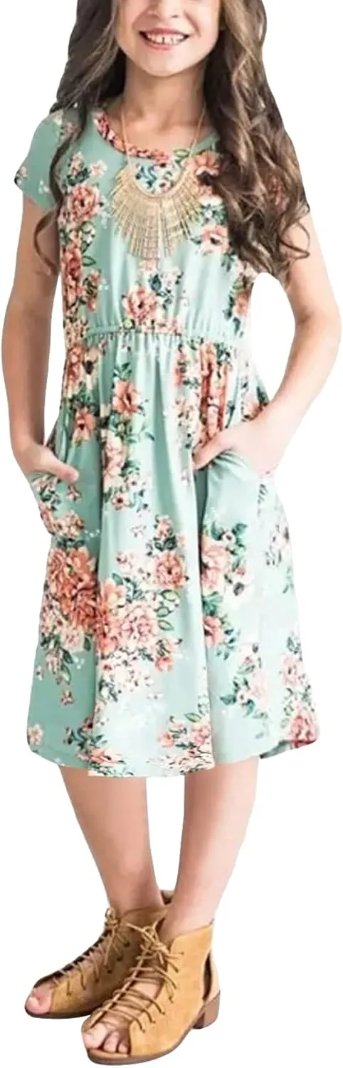 21KIDS Girl Maxi Dress Floral Short Sleeve Dresses with Pockets for Girls 6-14 Years