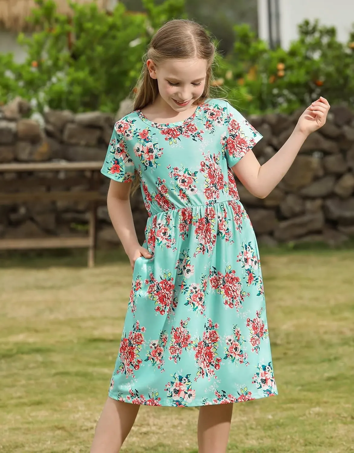 21KIDS Girl Maxi Dress Floral Short Sleeve Dresses with Pockets for Girls 6-14 Years