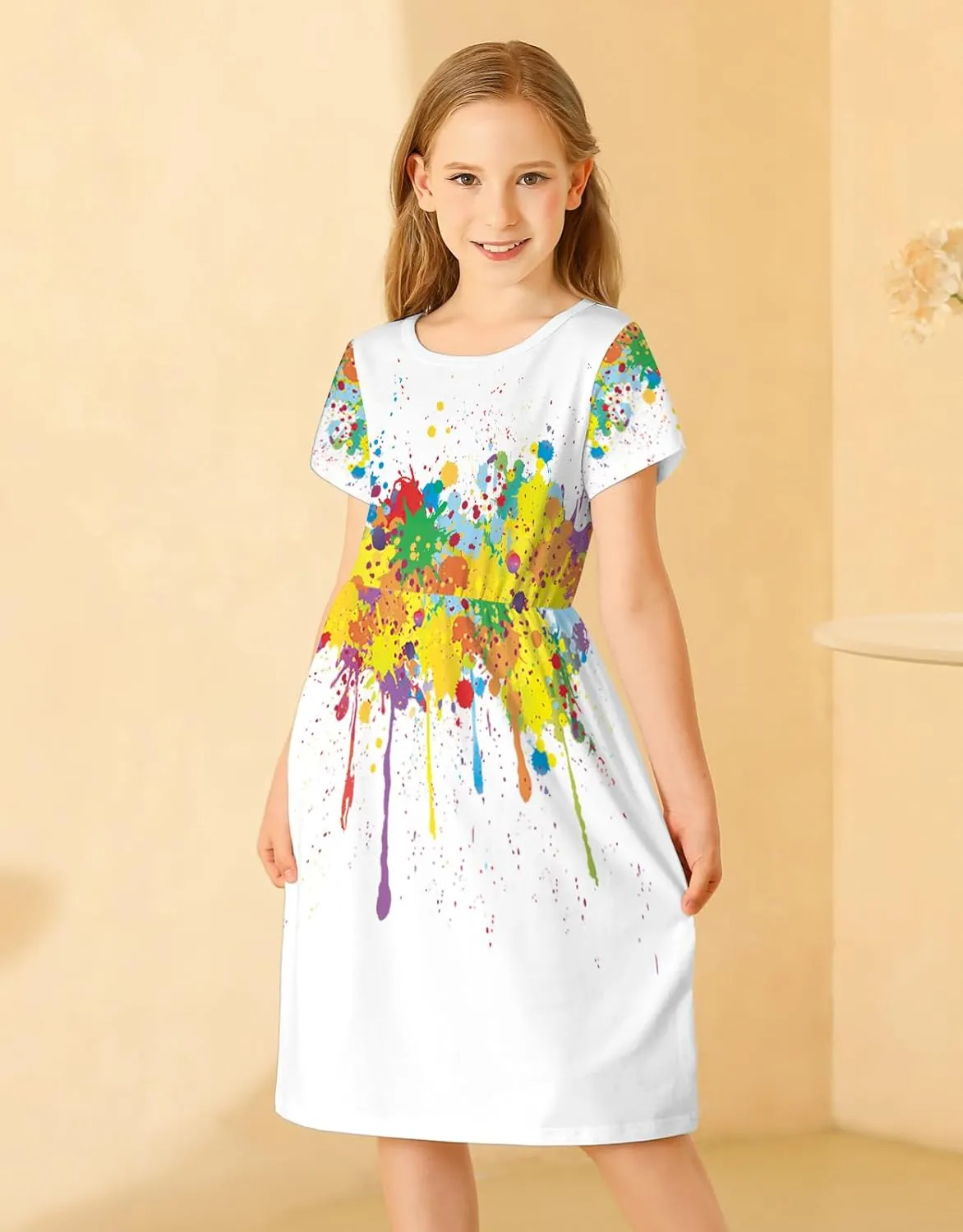 21KIDS Girl Maxi Dress Floral Short Sleeve Dresses with Pockets for Girls 6-14 Years