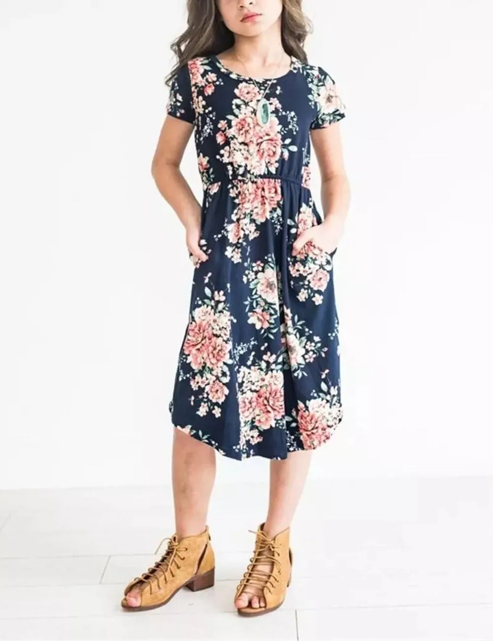 21KIDS Girl Maxi Dress Floral Short Sleeve Dresses with Pockets for Girls 6-14 Years