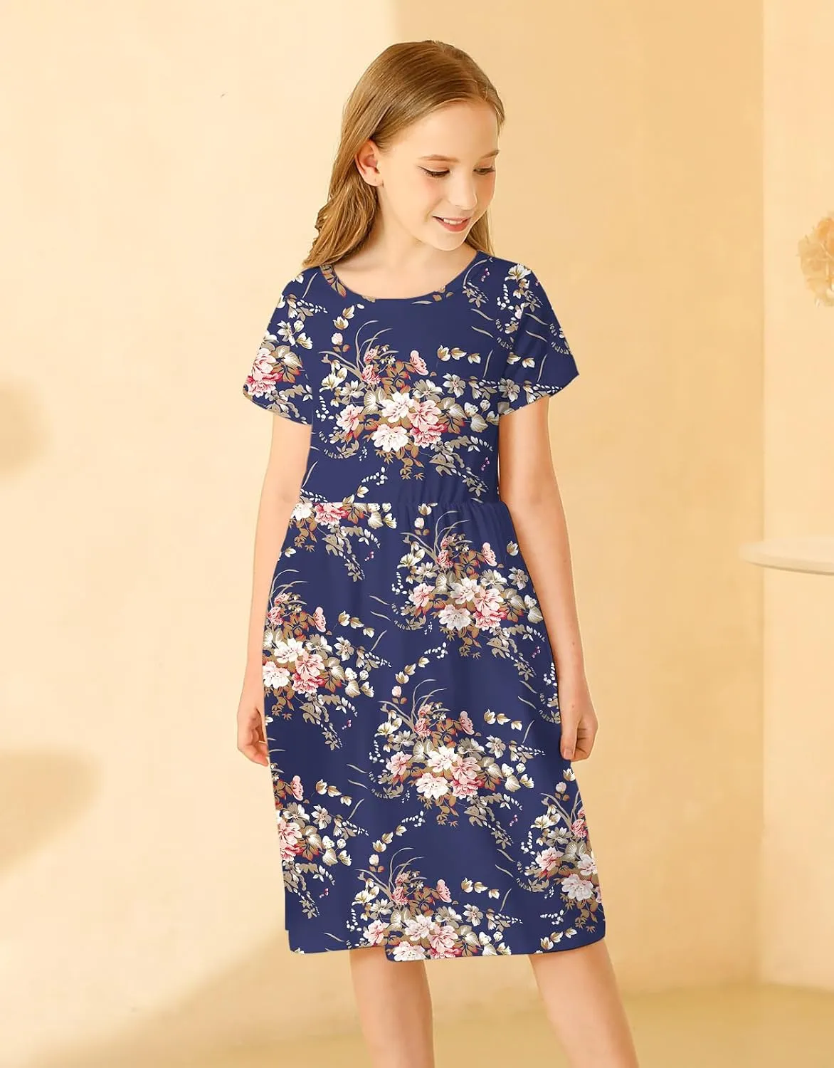 21KIDS Girl Maxi Dress Floral Short Sleeve Dresses with Pockets for Girls 6-14 Years