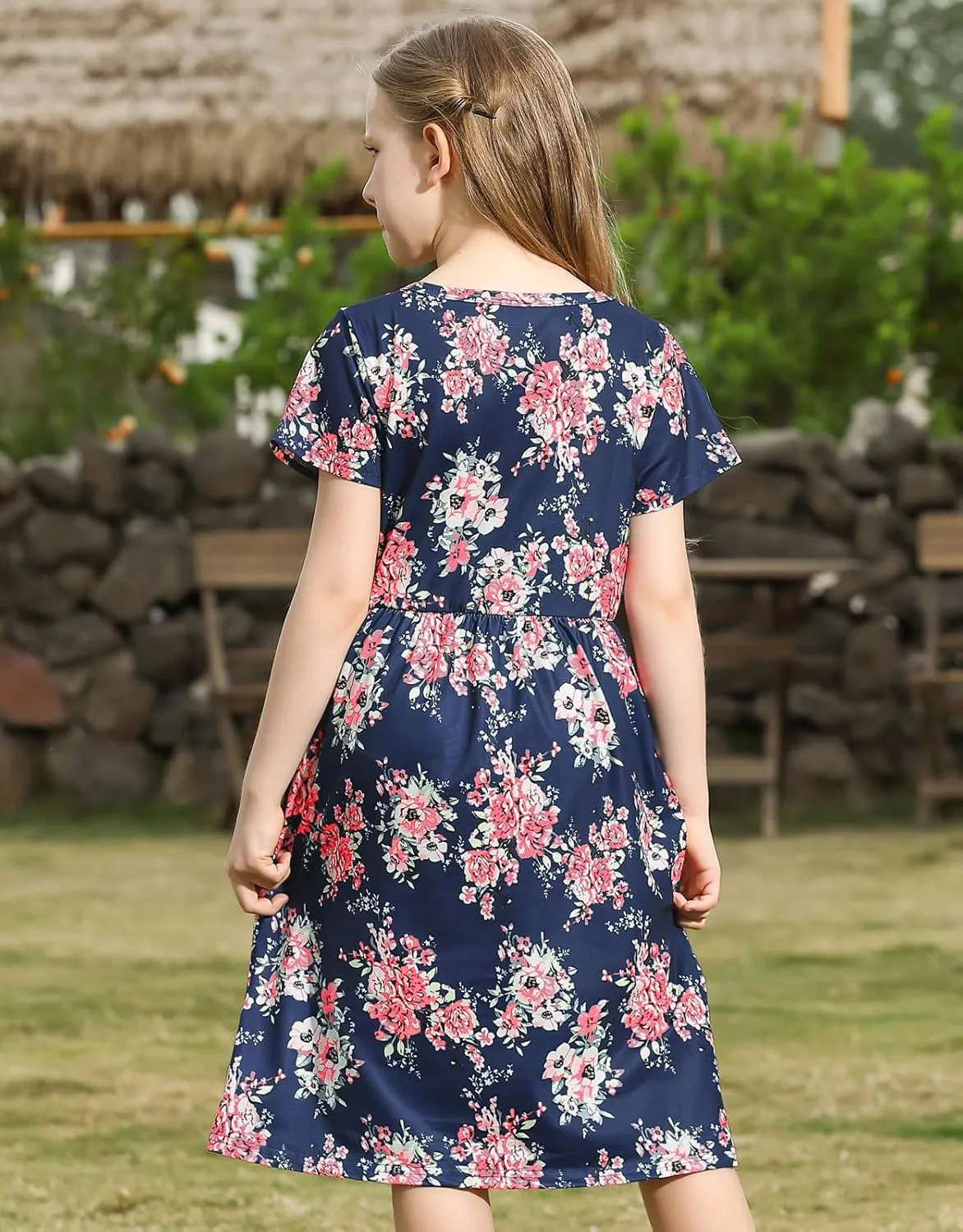 21KIDS Girl Maxi Dress Floral Short Sleeve Dresses with Pockets for Girls 6-14 Years
