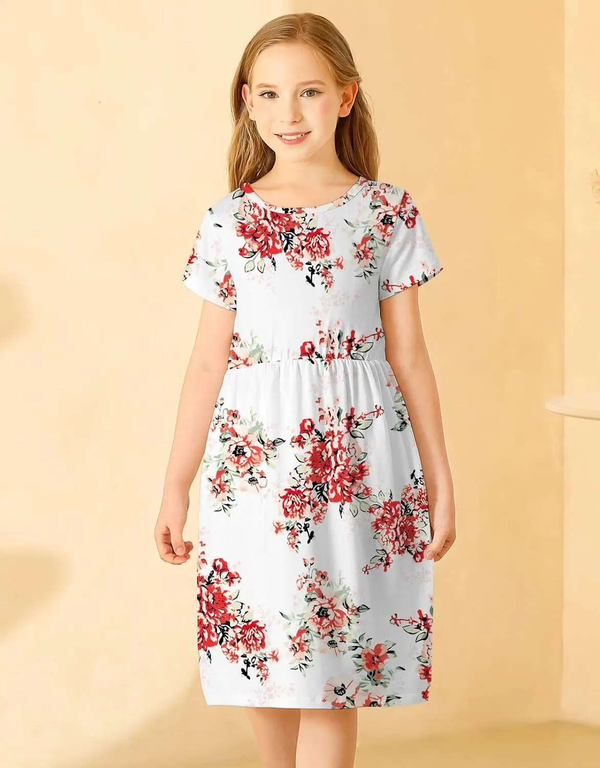 21KIDS Girl Maxi Dress Floral Short Sleeve Dresses with Pockets for Girls 6-14 Years