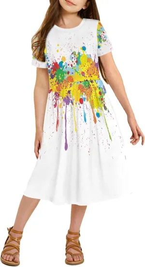 21KIDS Girl Maxi Dress Floral Short Sleeve Dresses with Pockets for Girls 6-14 Years