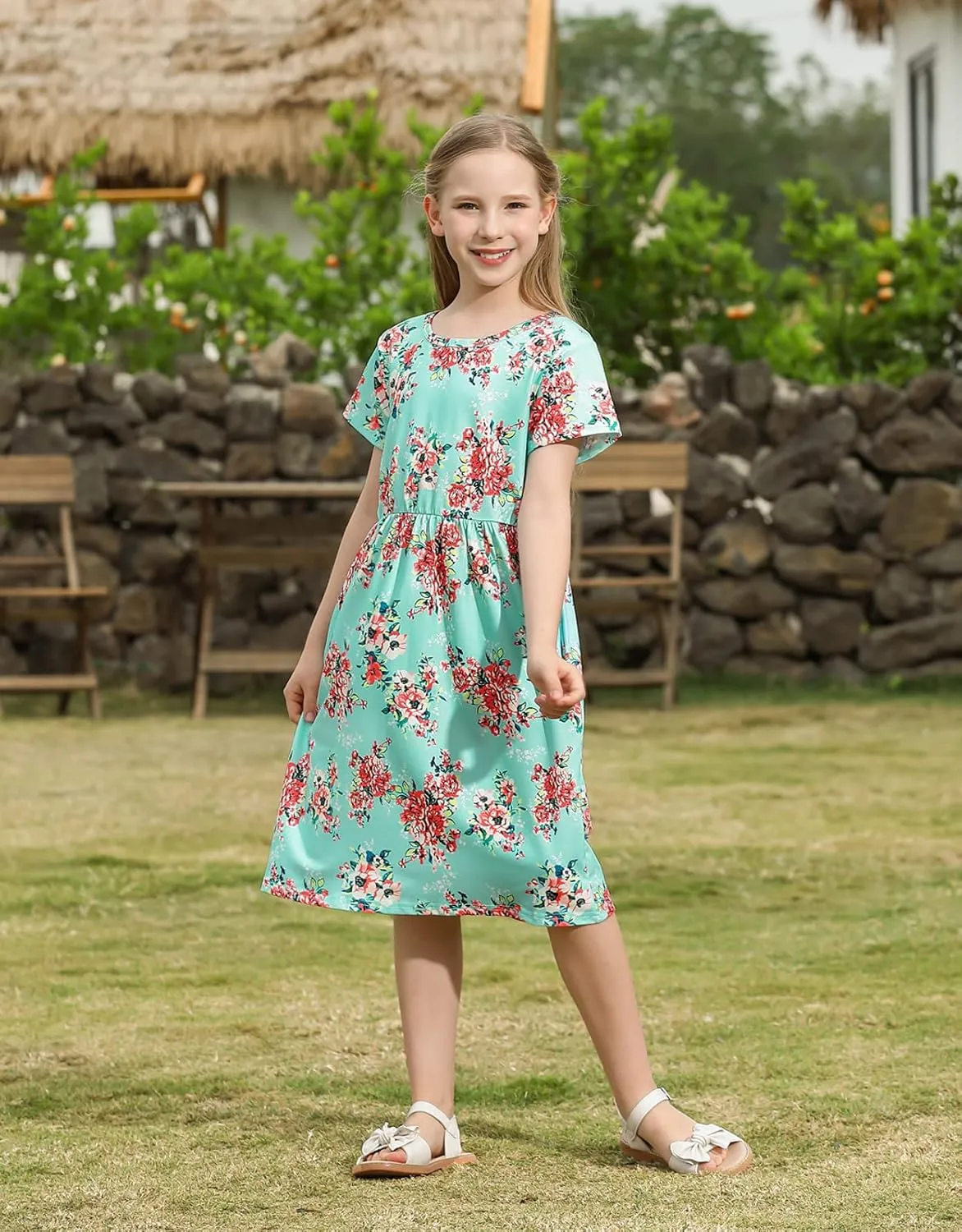 21KIDS Girl Maxi Dress Floral Short Sleeve Dresses with Pockets for Girls 6-14 Years