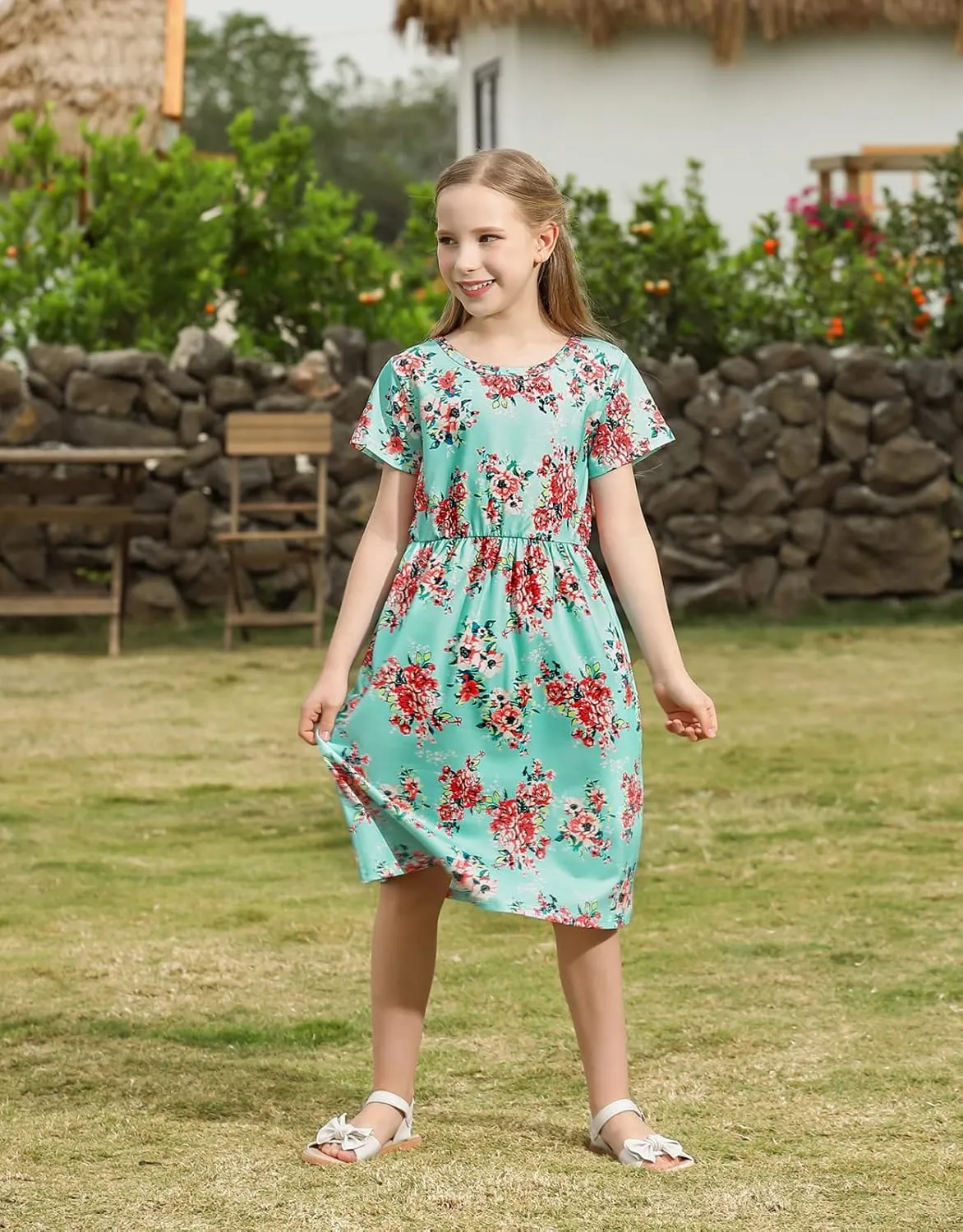 21KIDS Girl Maxi Dress Floral Short Sleeve Dresses with Pockets for Girls 6-14 Years