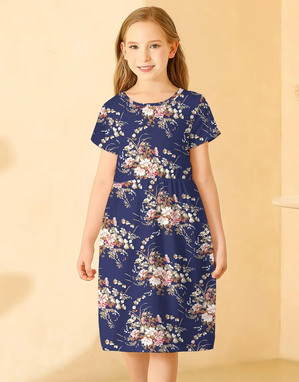 21KIDS Girl Maxi Dress Floral Short Sleeve Dresses with Pockets for Girls 6-14 Years