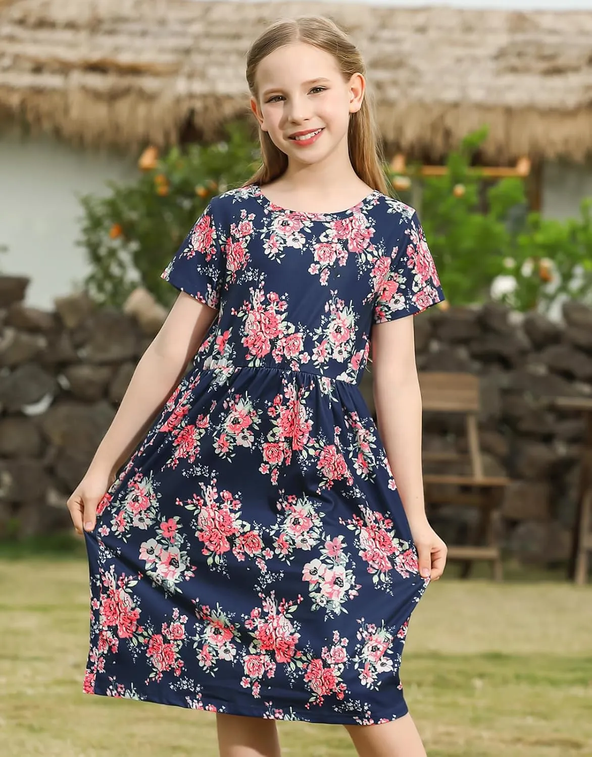 21KIDS Girl Maxi Dress Floral Short Sleeve Dresses with Pockets for Girls 6-14 Years