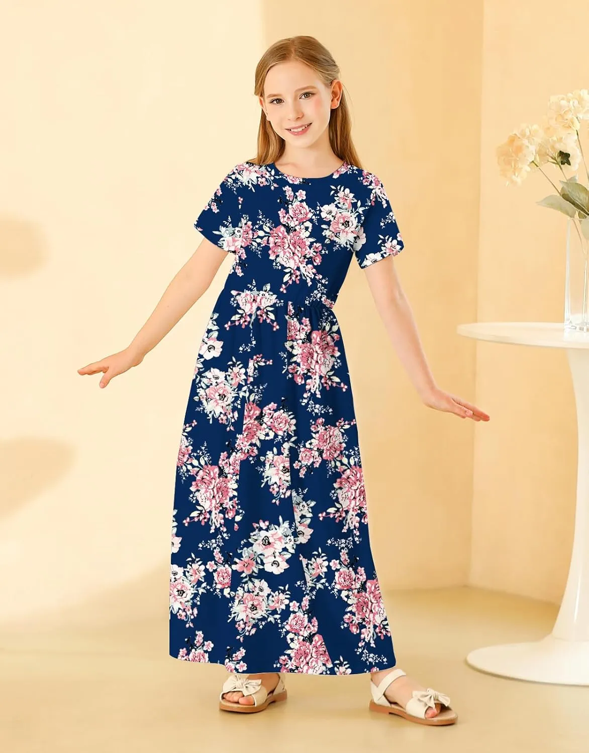 21KIDS Girl Maxi Dress Floral Short Sleeve Dresses with Pockets for Girls 6-14 Years