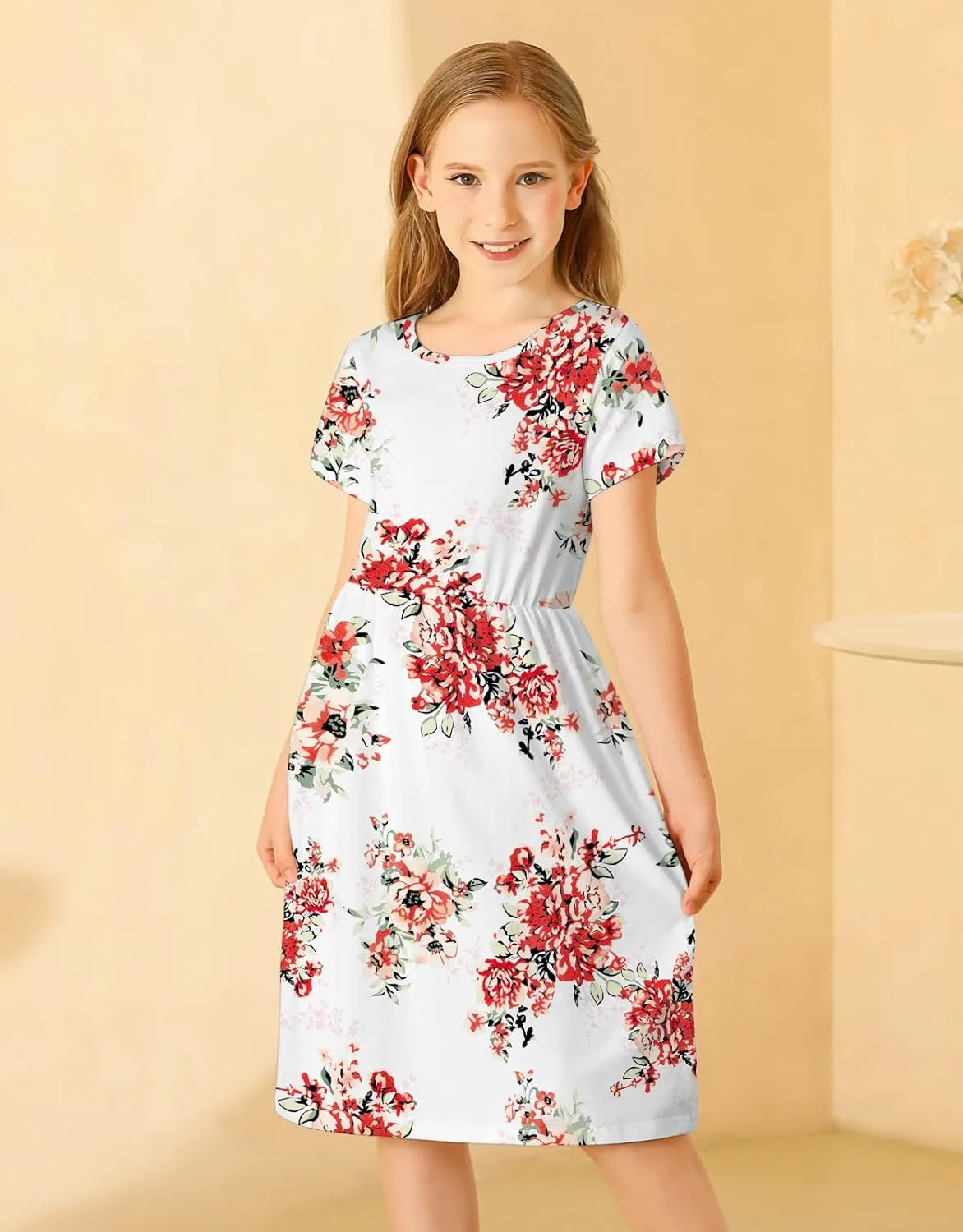 21KIDS Girl Maxi Dress Floral Short Sleeve Dresses with Pockets for Girls 6-14 Years