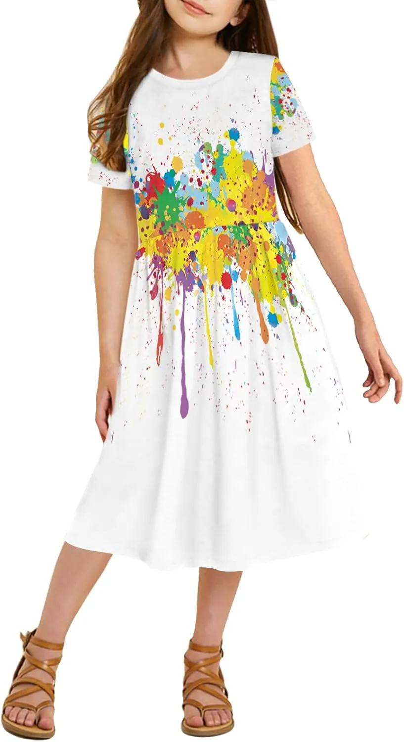 21KIDS Girl Maxi Dress Floral Short Sleeve Dresses with Pockets for Girls 6-14 Years