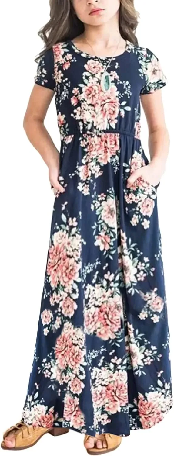 21KIDS Girl Maxi Dress Floral Short Sleeve Dresses with Pockets for Girls 6-14 Years