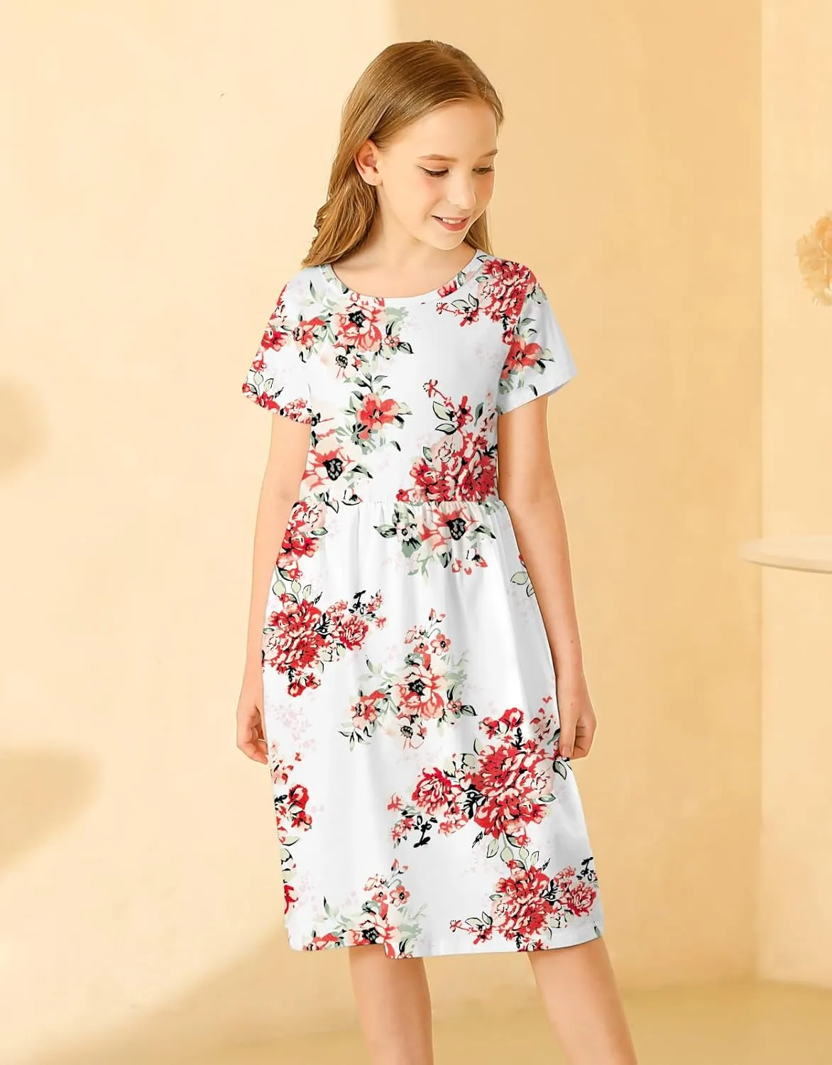 21KIDS Girl Maxi Dress Floral Short Sleeve Dresses with Pockets for Girls 6-14 Years
