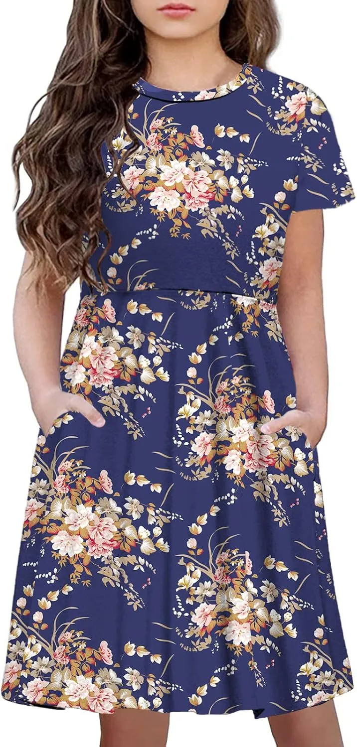 21KIDS Girl Maxi Dress Floral Short Sleeve Dresses with Pockets for Girls 6-14 Years