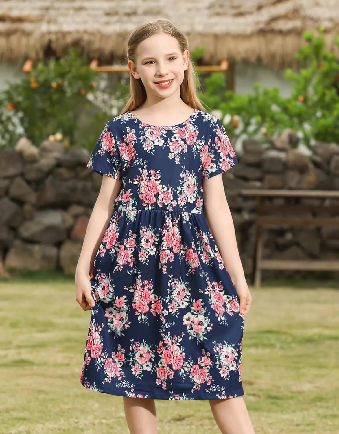 21KIDS Girl Maxi Dress Floral Short Sleeve Dresses with Pockets for Girls 6-14 Years