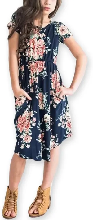 21KIDS Girl Maxi Dress Floral Short Sleeve Dresses with Pockets for Girls 6-14 Years