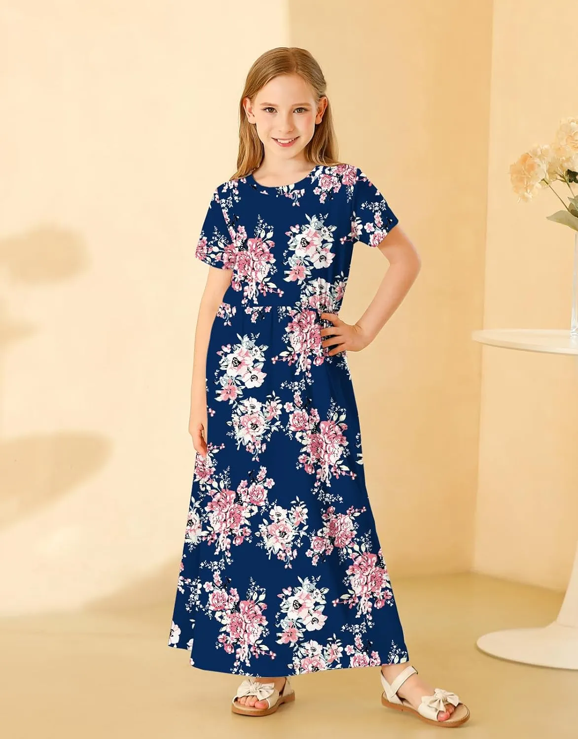 21KIDS Girl Maxi Dress Floral Short Sleeve Dresses with Pockets for Girls 6-14 Years
