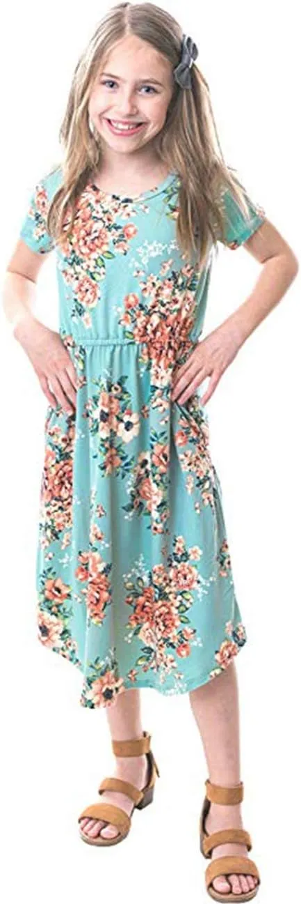 21KIDS Girl Maxi Dress Floral Short Sleeve Dresses with Pockets for Girls 6-14 Years