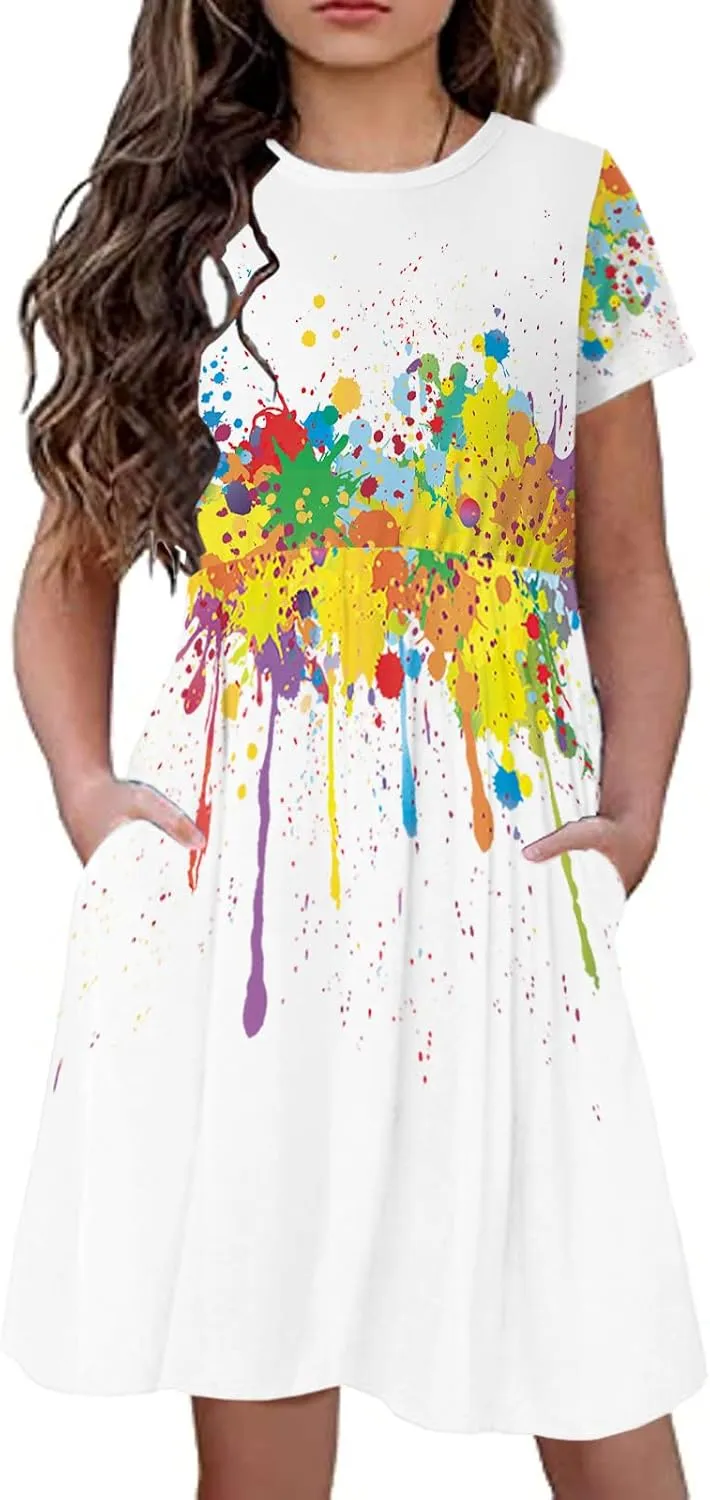 21KIDS Girl Maxi Dress Floral Short Sleeve Dresses with Pockets for Girls 6-14 Years