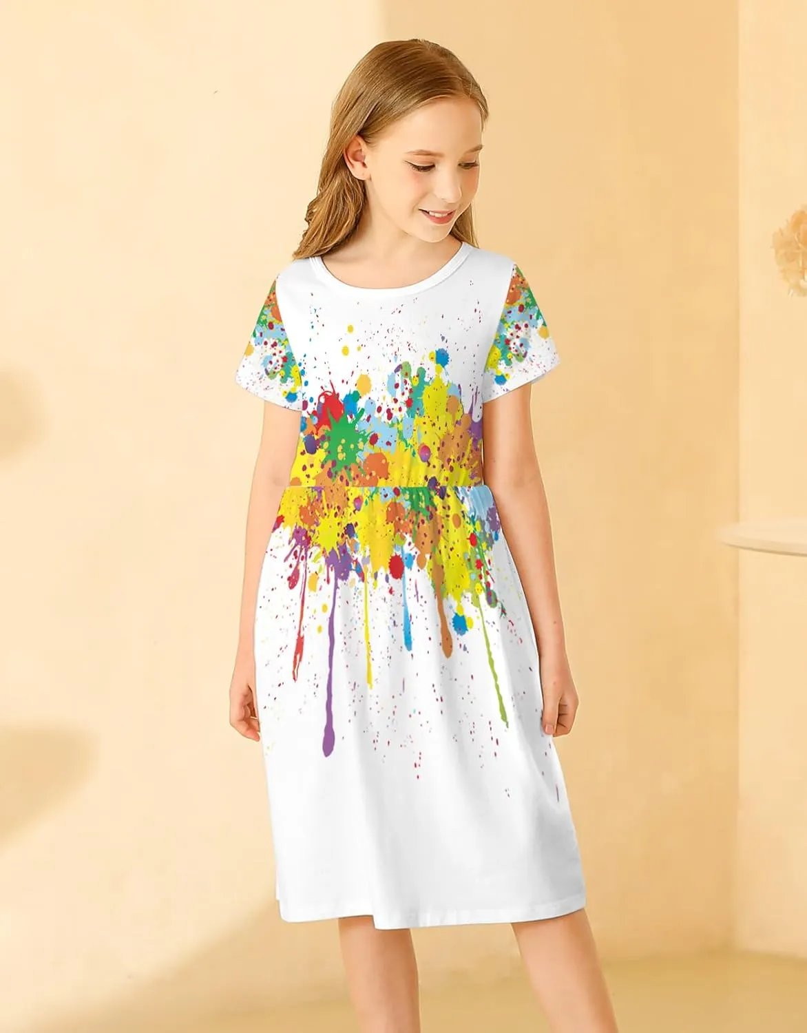 21KIDS Girl Maxi Dress Floral Short Sleeve Dresses with Pockets for Girls 6-14 Years
