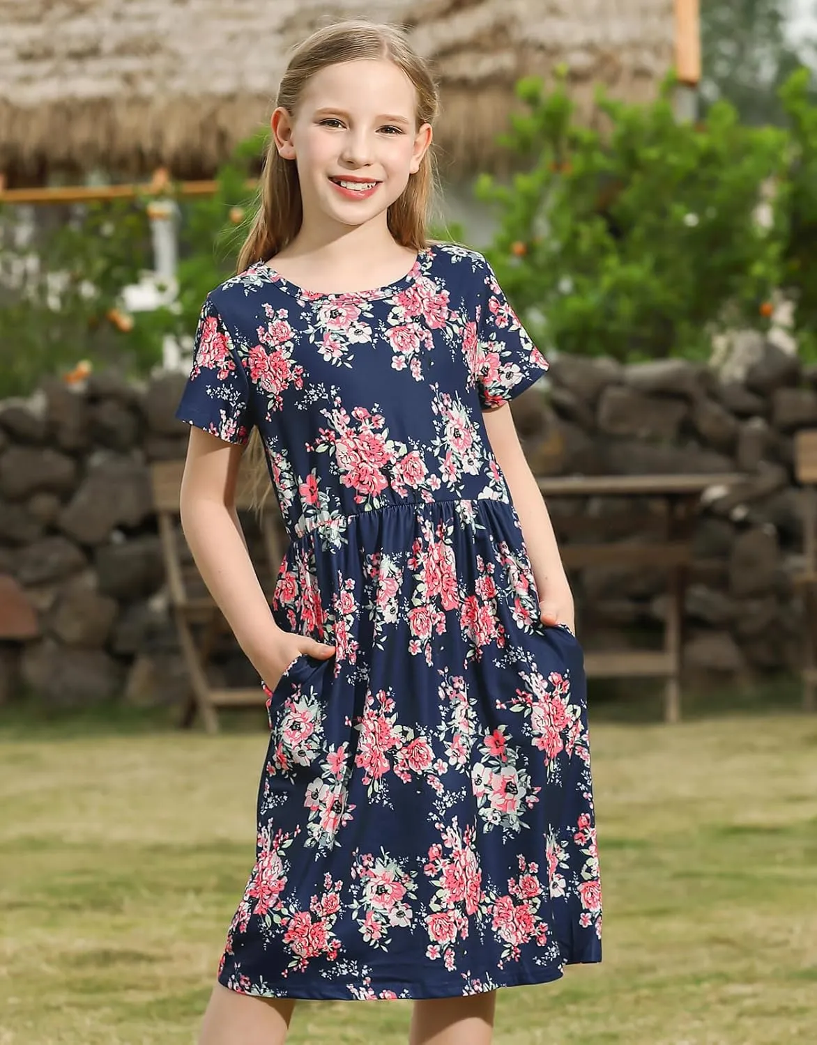 21KIDS Girl Maxi Dress Floral Short Sleeve Dresses with Pockets for Girls 6-14 Years