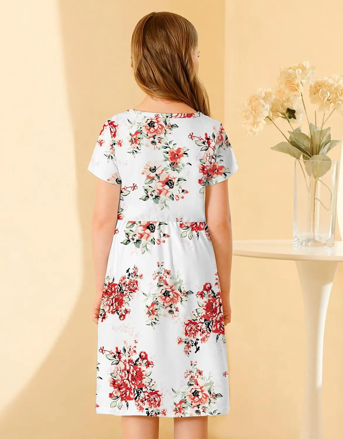 21KIDS Girl Maxi Dress Floral Short Sleeve Dresses with Pockets for Girls 6-14 Years