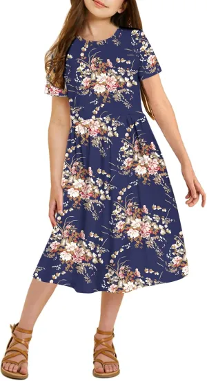 21KIDS Girl Maxi Dress Floral Short Sleeve Dresses with Pockets for Girls 6-14 Years