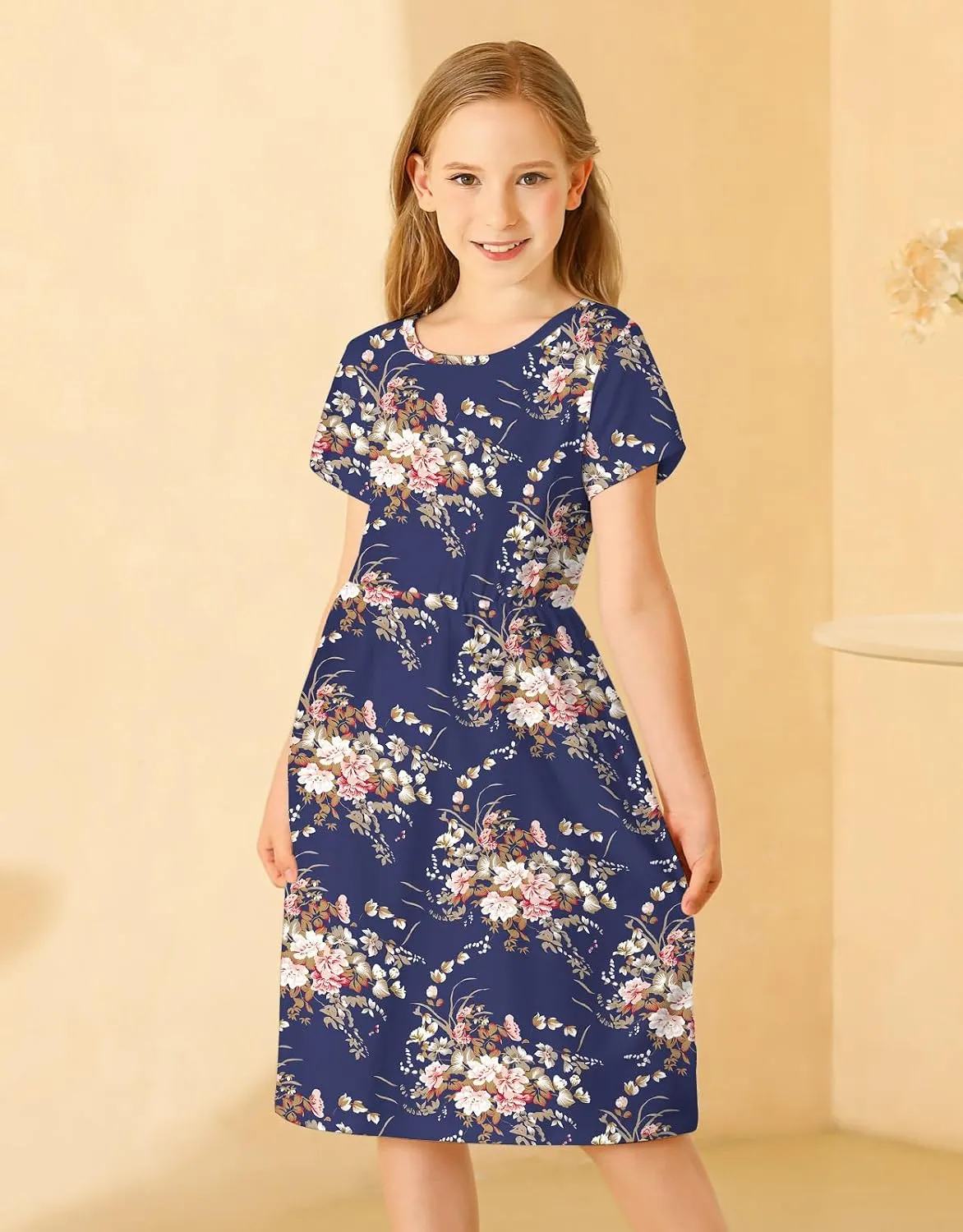 21KIDS Girl Maxi Dress Floral Short Sleeve Dresses with Pockets for Girls 6-14 Years