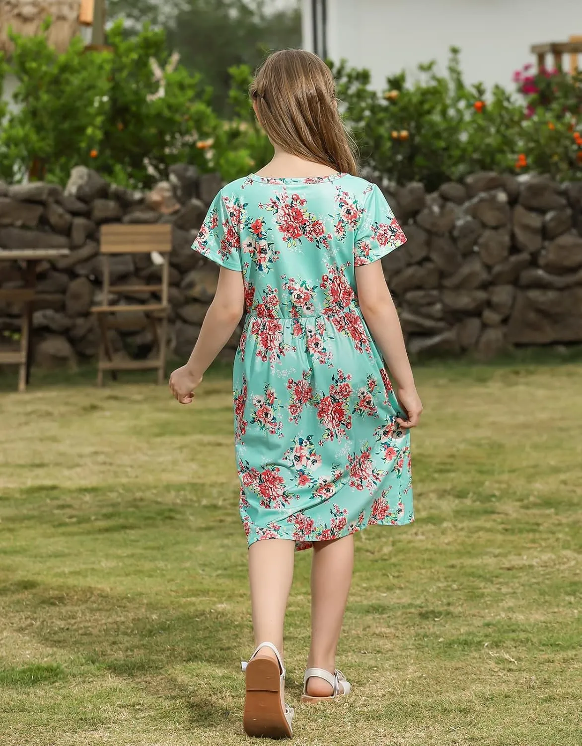 21KIDS Girl Maxi Dress Floral Short Sleeve Dresses with Pockets for Girls 6-14 Years