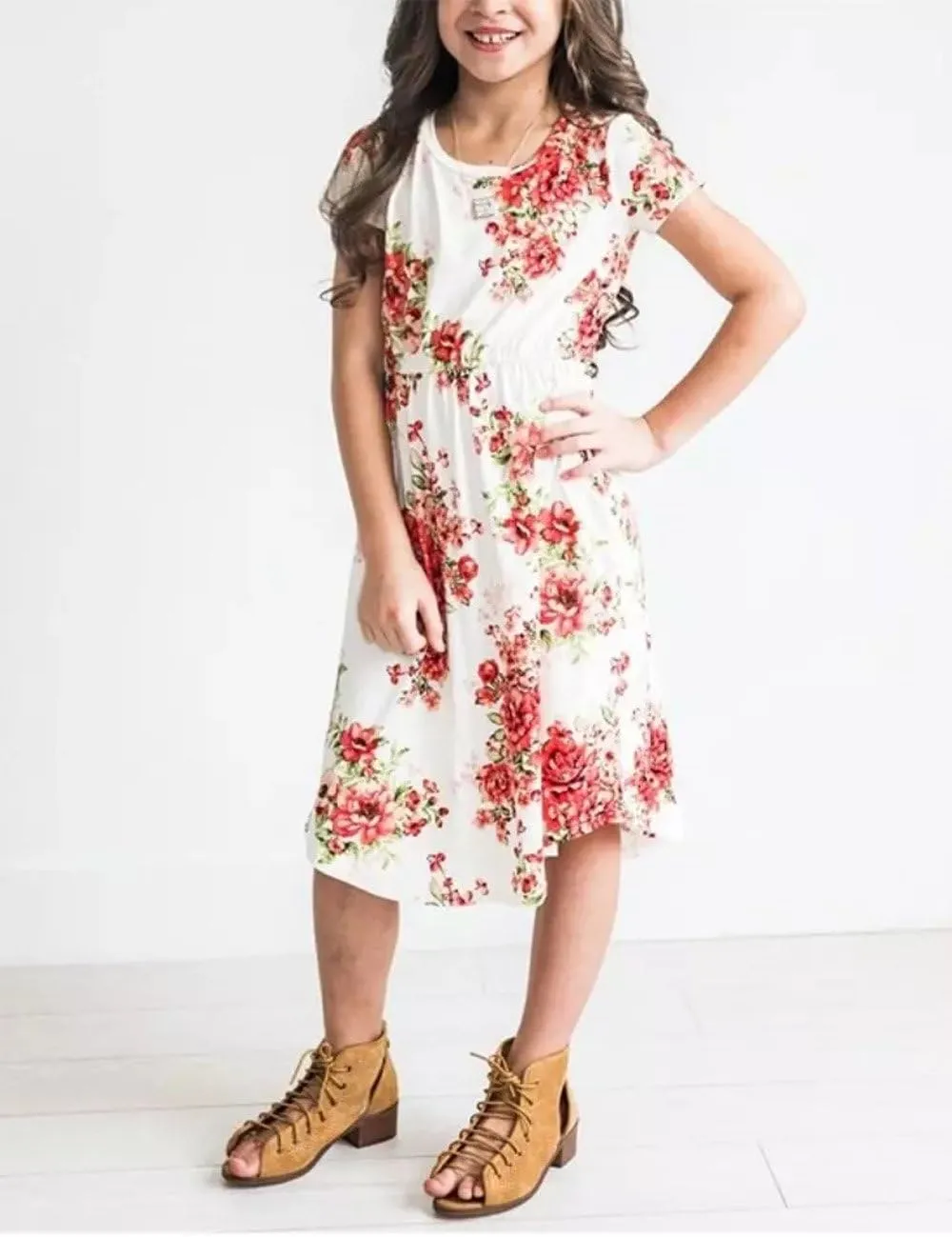 21KIDS Girl Maxi Dress Floral Short Sleeve Dresses with Pockets for Girls 6-14 Years