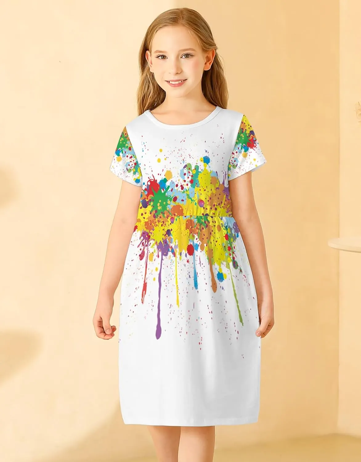 21KIDS Girl Maxi Dress Floral Short Sleeve Dresses with Pockets for Girls 6-14 Years