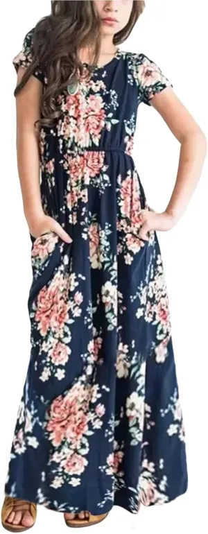 21KIDS Girl Maxi Dress Floral Short Sleeve Dresses with Pockets for Girls 6-14 Years