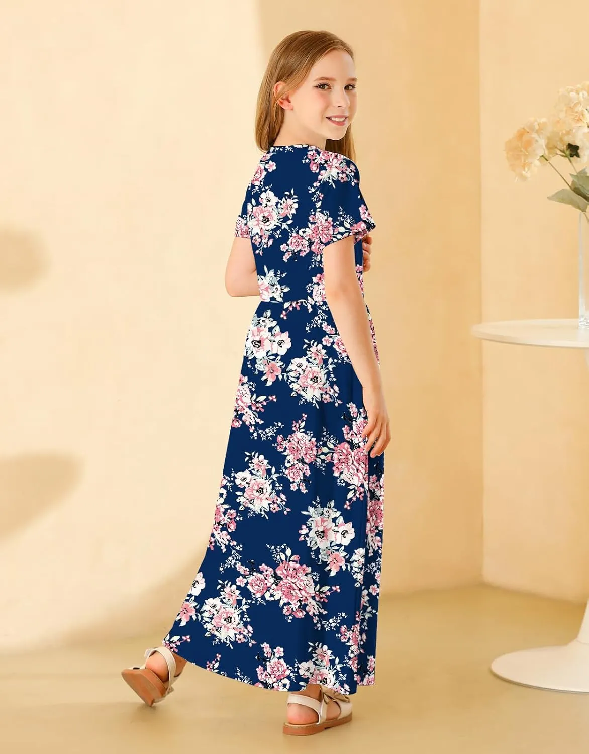 21KIDS Girl Maxi Dress Floral Short Sleeve Dresses with Pockets for Girls 6-14 Years