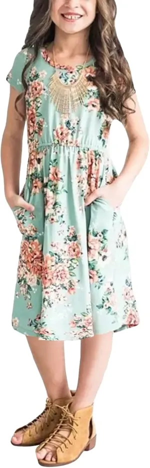 21KIDS Girl Maxi Dress Floral Short Sleeve Dresses with Pockets for Girls 6-14 Years