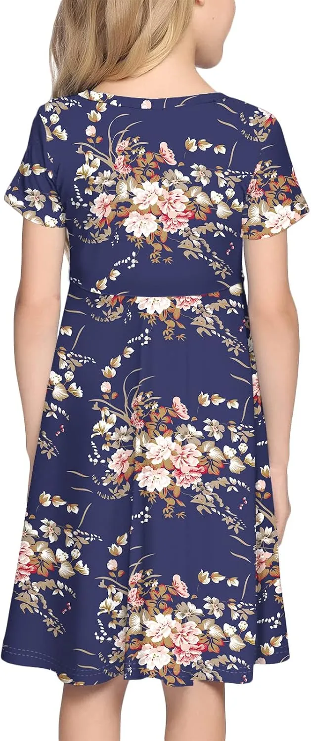 21KIDS Girl Maxi Dress Floral Short Sleeve Dresses with Pockets for Girls 6-14 Years
