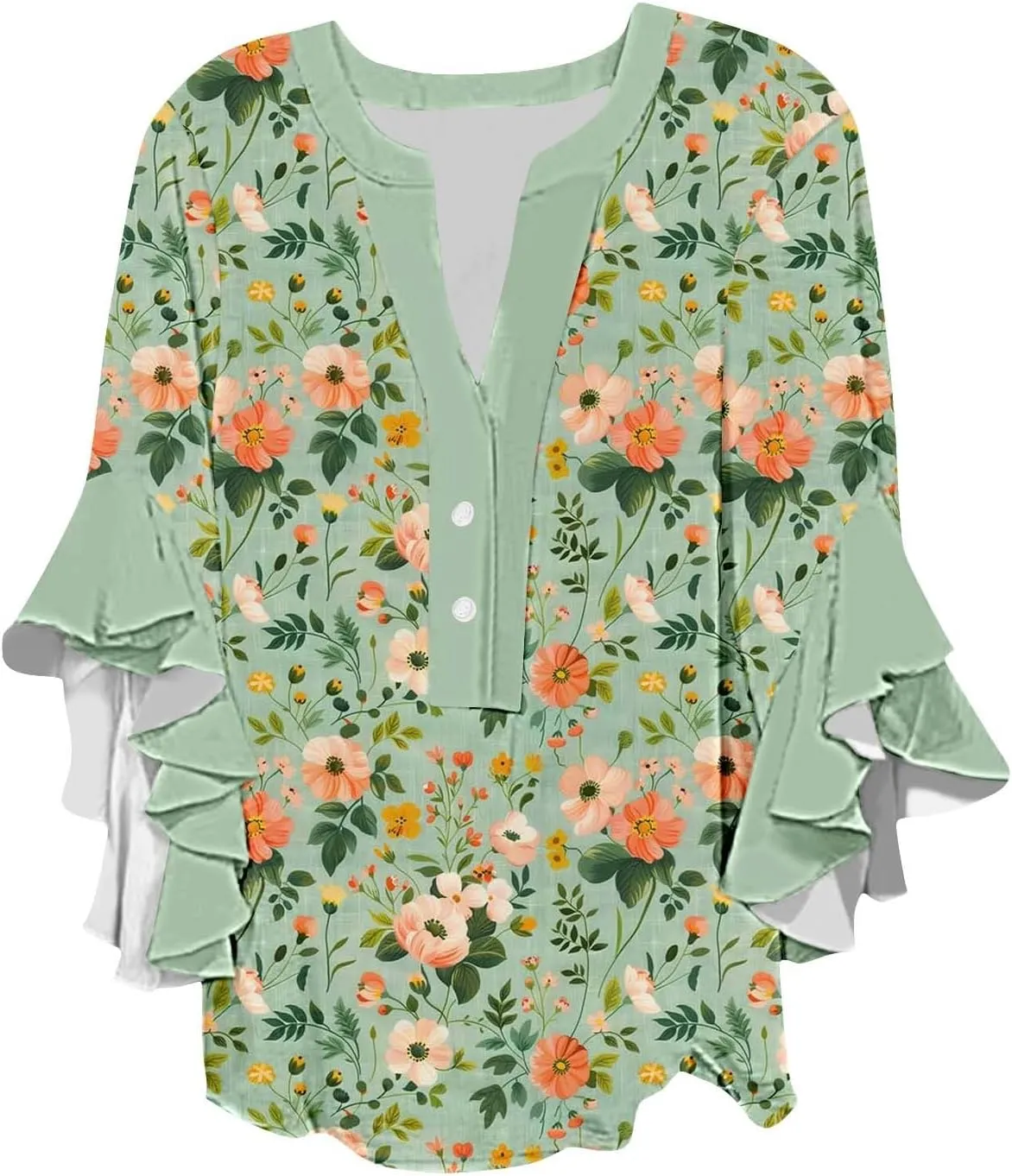 3/4 Sleeve Tops for Women Ruffle Sleeve Blouses Dressy Oversized Shirts Button V Neck Flowy Tunic Tops Retro Floral Tee