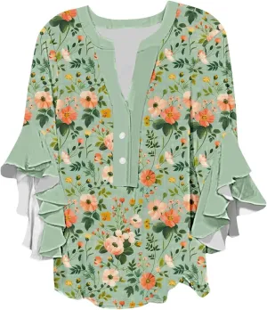 3/4 Sleeve Tops for Women Ruffle Sleeve Blouses Dressy Oversized Shirts Button V Neck Flowy Tunic Tops Retro Floral Tee