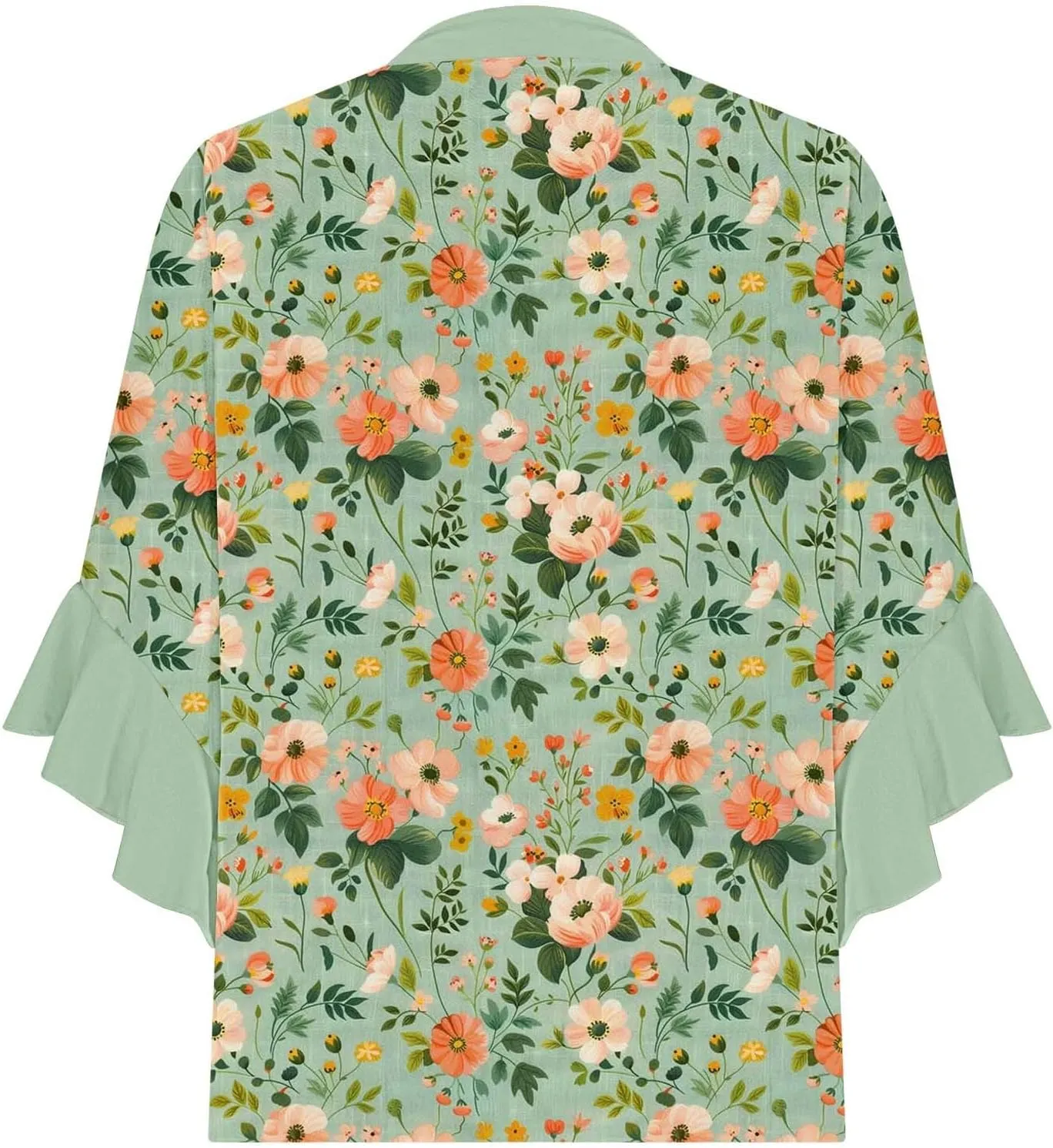 3/4 Sleeve Tops for Women Ruffle Sleeve Blouses Dressy Oversized Shirts Button V Neck Flowy Tunic Tops Retro Floral Tee