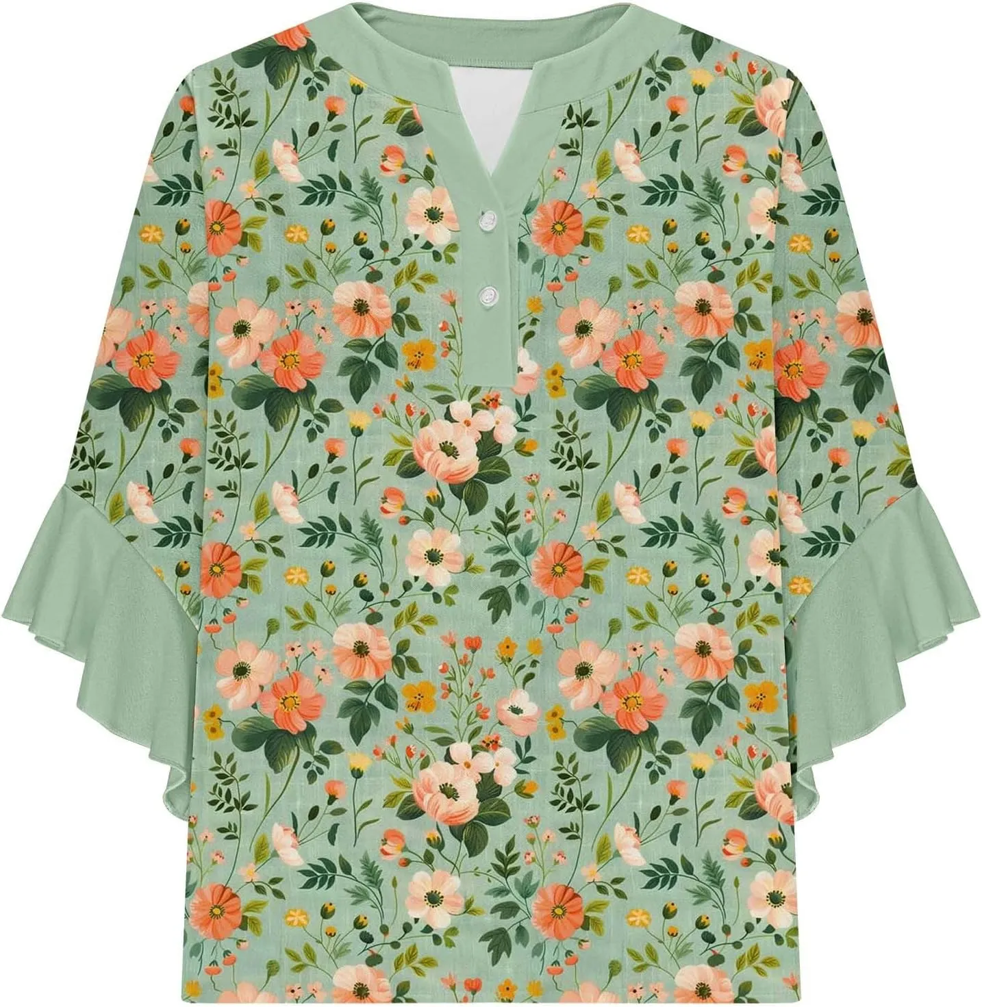 3/4 Sleeve Tops for Women Ruffle Sleeve Blouses Dressy Oversized Shirts Button V Neck Flowy Tunic Tops Retro Floral Tee