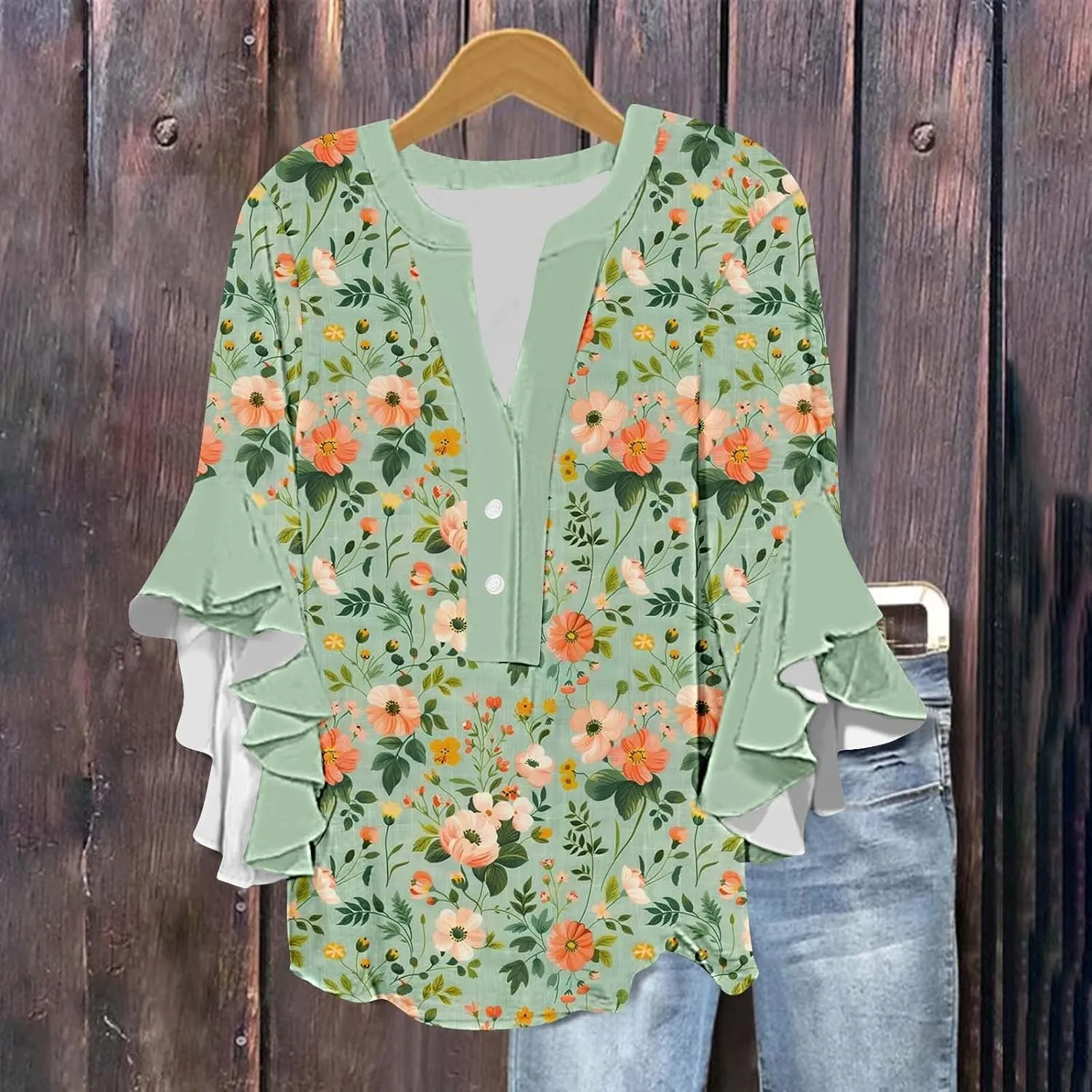 3/4 Sleeve Tops for Women Ruffle Sleeve Blouses Dressy Oversized Shirts Button V Neck Flowy Tunic Tops Retro Floral Tee