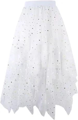 A Line Skirt for Women Trendy Flared High Elastic Waist Summer Casual Pleated Sheer Mesh Skirts Dance Clubwear