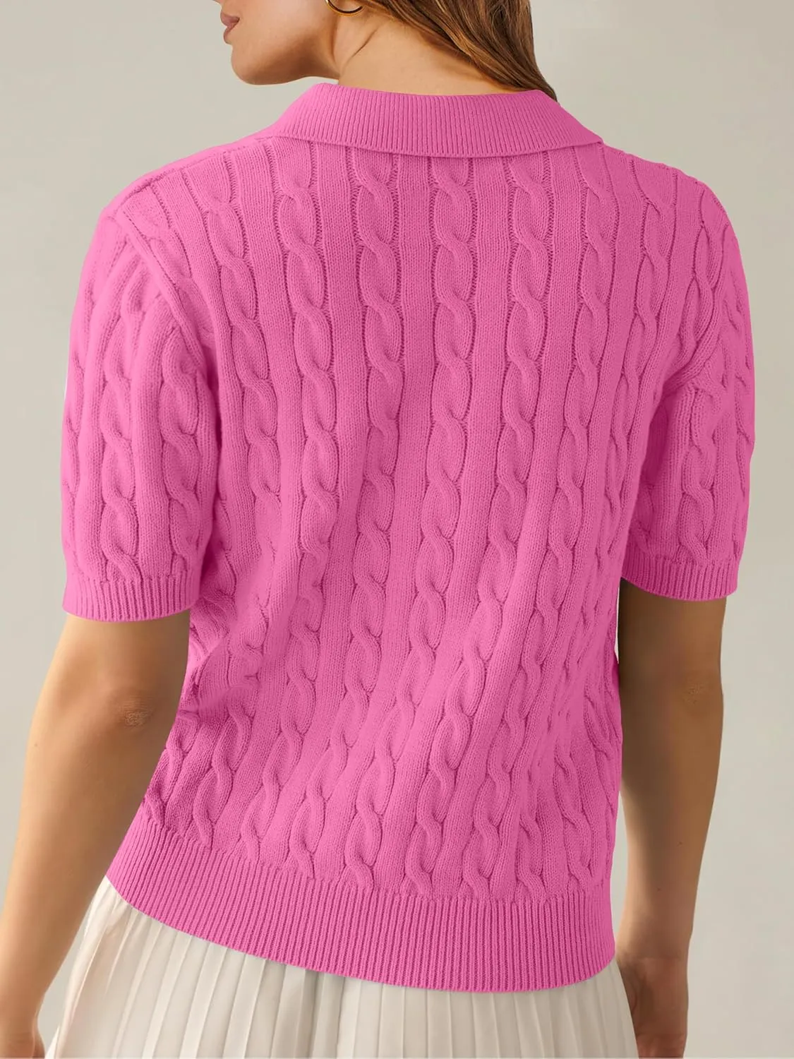 ANRABESS Women's Short Sleeve Sweaters Tops Polo V Neck Cable Knit Casual Soft Pullover Shirts 2025 Summer Outfits