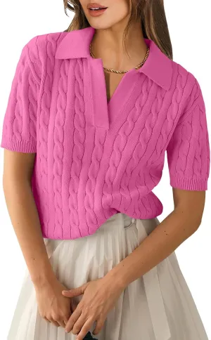 ANRABESS Women's Short Sleeve Sweaters Tops Polo V Neck Cable Knit Casual Soft Pullover Shirts 2025 Summer Outfits