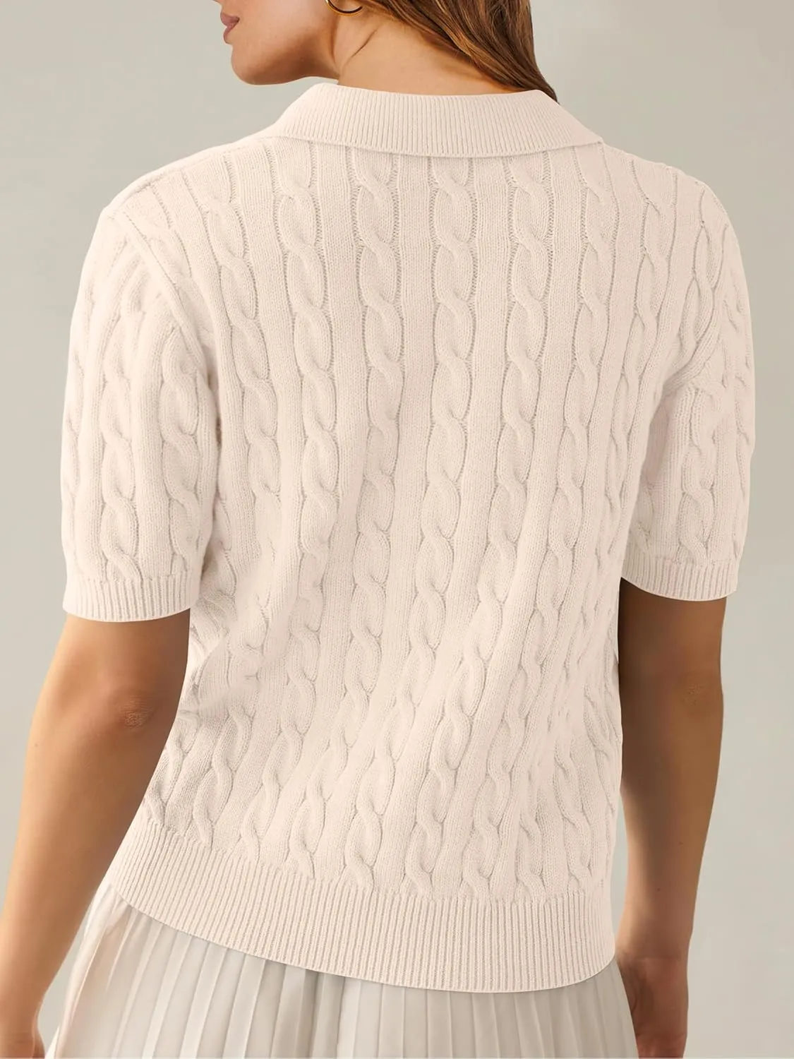 ANRABESS Women's Short Sleeve Sweaters Tops Polo V Neck Cable Knit Casual Soft Pullover Shirts 2025 Summer Outfits