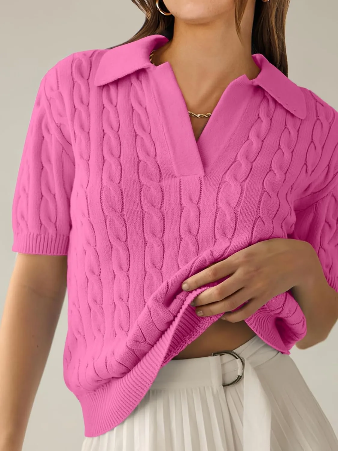 ANRABESS Women's Short Sleeve Sweaters Tops Polo V Neck Cable Knit Casual Soft Pullover Shirts 2025 Summer Outfits