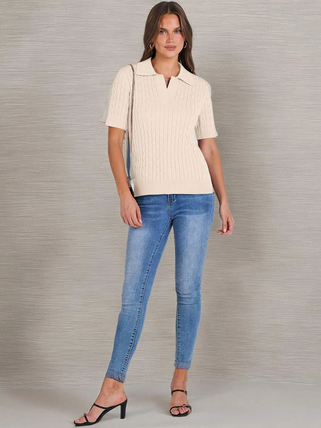 ANRABESS Women's Short Sleeve Sweaters Tops Polo V Neck Cable Knit Casual Soft Pullover Shirts 2025 Summer Outfits
