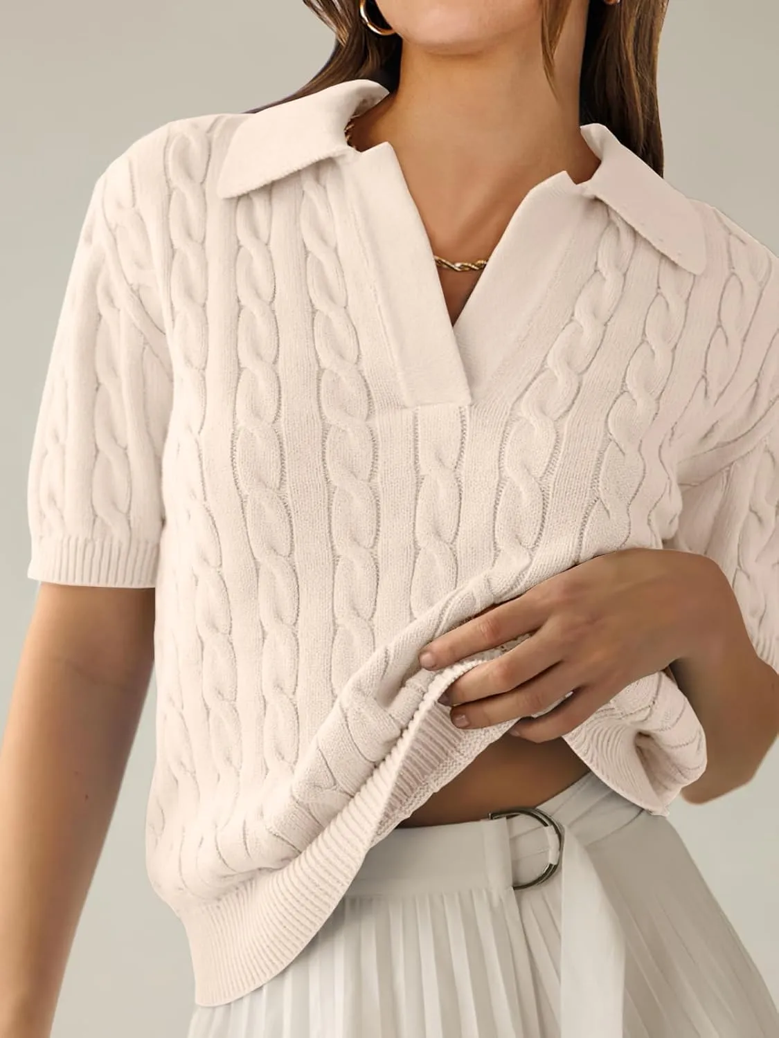 ANRABESS Women's Short Sleeve Sweaters Tops Polo V Neck Cable Knit Casual Soft Pullover Shirts 2025 Summer Outfits